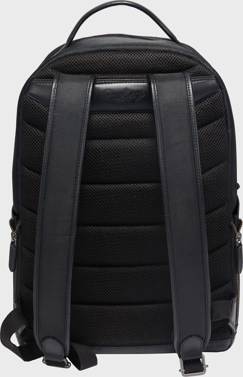 Back of a black Rawlings Deuce backpack with black shoulder straps