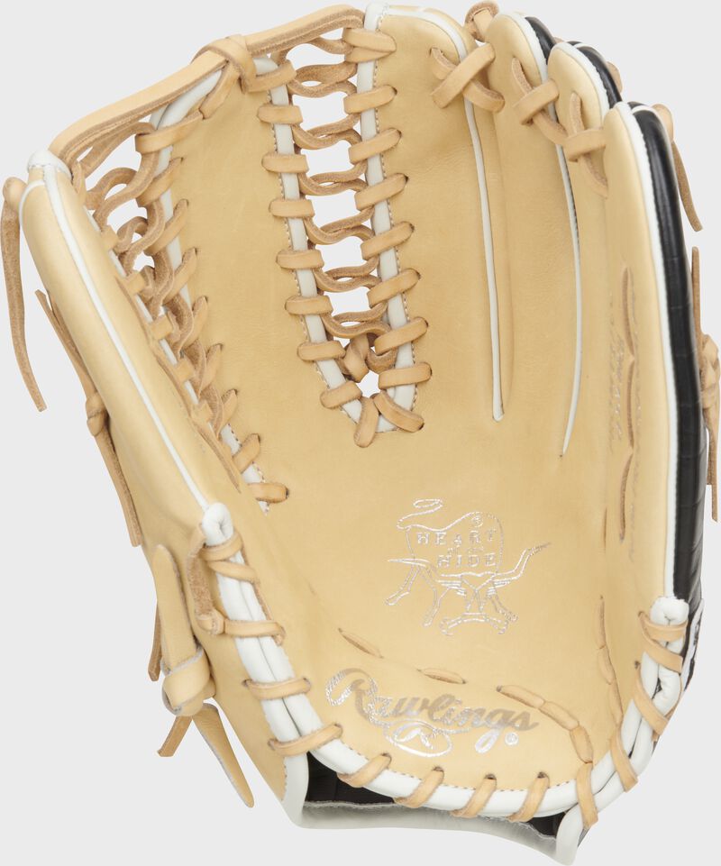 Camel palm of a Rawlings Heart of the Hide ColorSync 8.0 outfield glove with camel laces - SKU: PROMT27CC