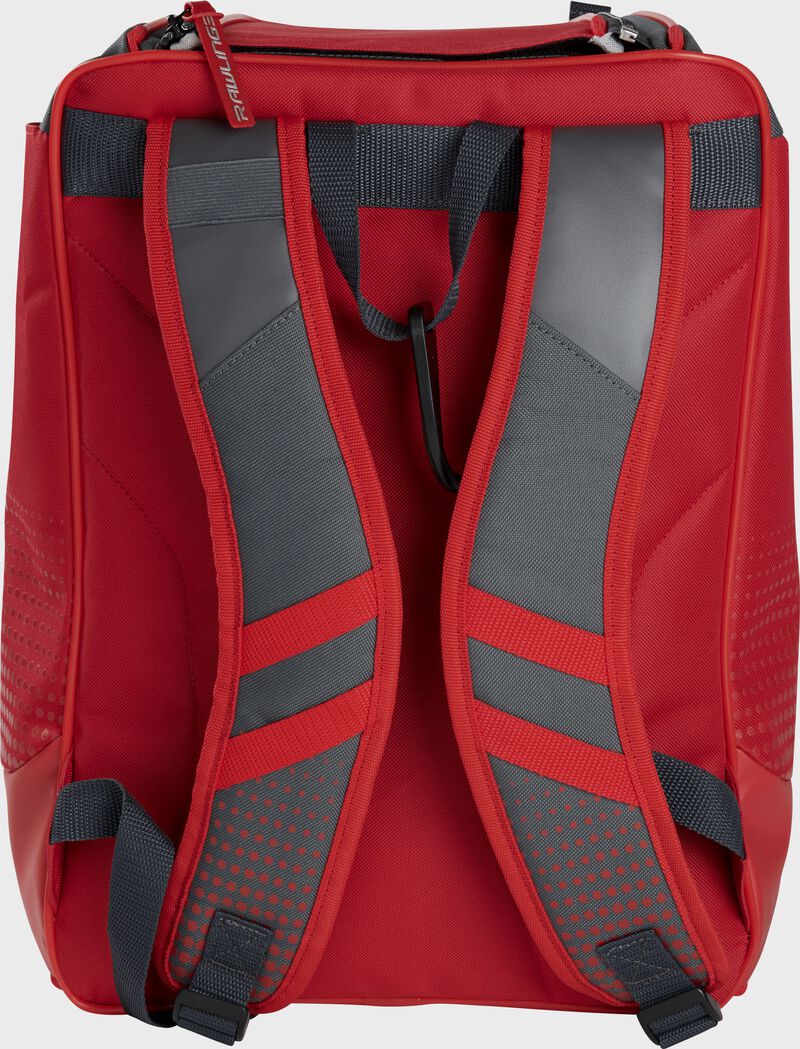 Back of a scarlet Rawlings Franchise backpack with gray shoulder straps - SKU: FRANBP-S