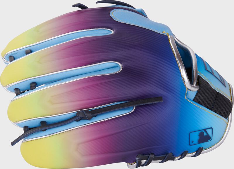Columbia blue/navy/purple/yellow design REV1X back of a Rawlings REV1X infield glove with the MLB logo on the pinky