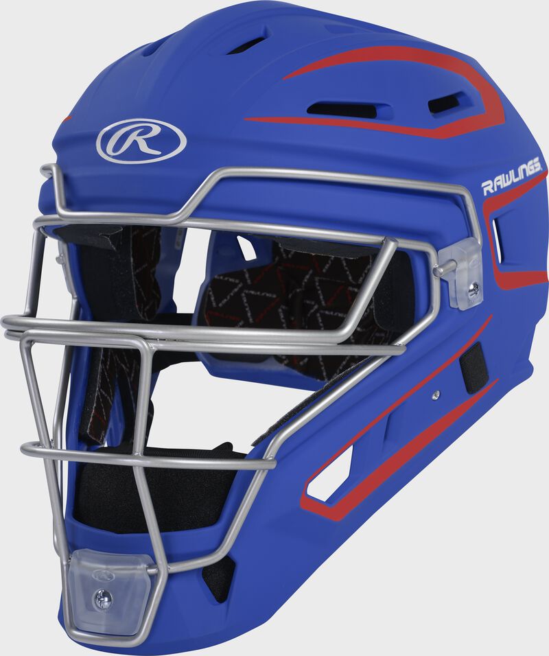 Front left-side view of Rawlings Velo 2.0 Catcher's Helmet - SKU: CHV27