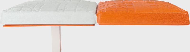 Front of a white/orange Hollywood Impact Kwik-Release double first base with the stanchion - SKU: HIKRDB