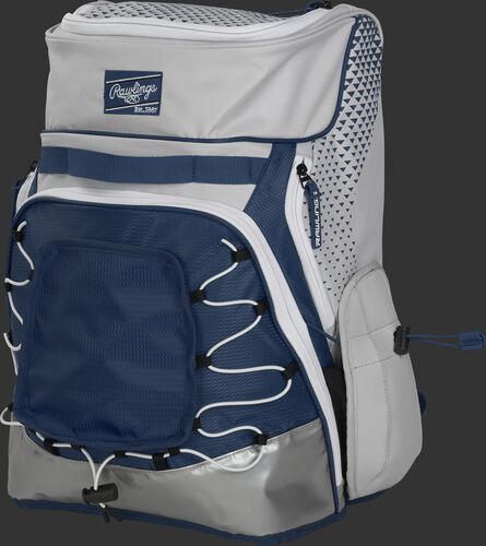 Front left of a white/navy R800 softball backpack