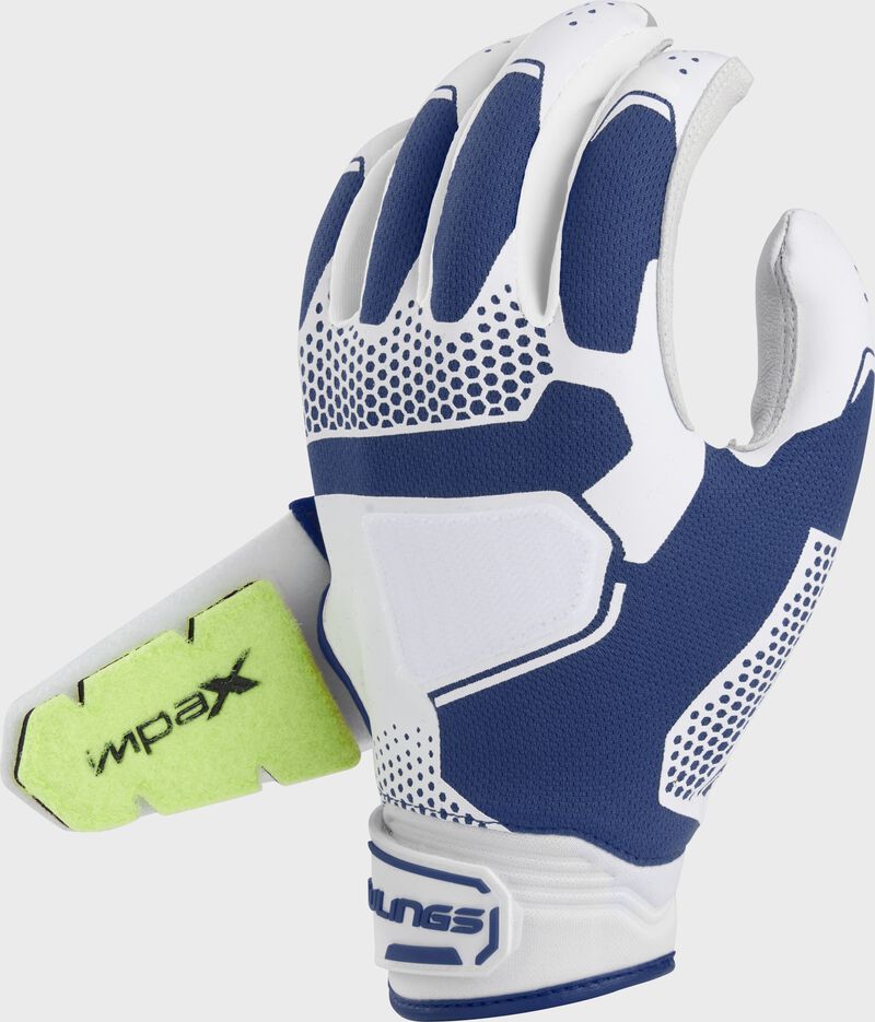 Back of a navy fastpitch workhorse pro batting glove with the back strap open - SKU: FP2PBG-N