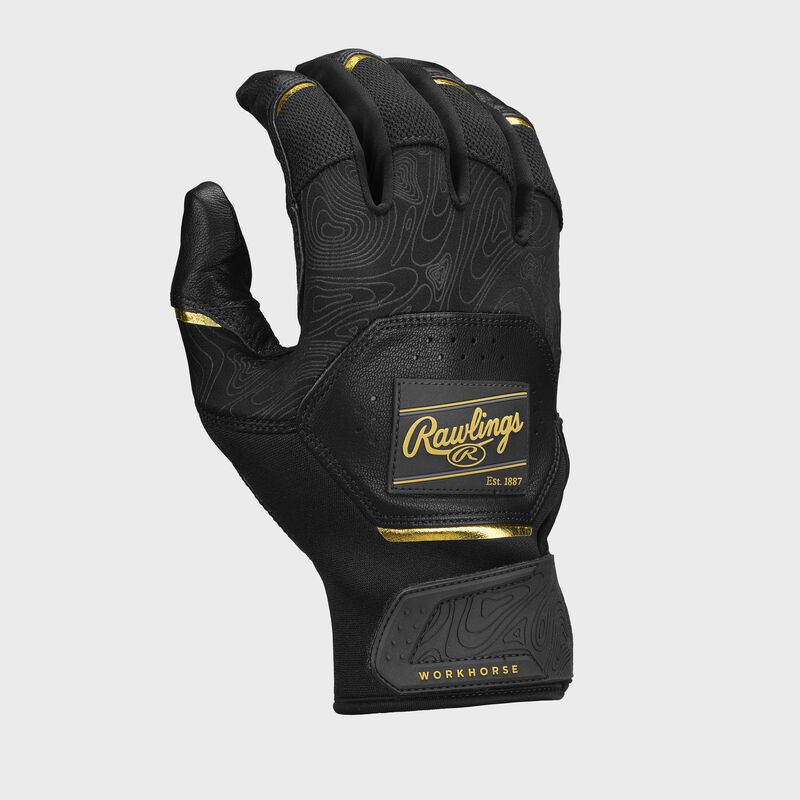 Back of a black Rawlings Workhorse Batting glove