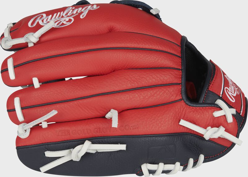 Scarlet back of a Rawlings Select Pro Lite Ronald Acuna Jr. glove with the MLB logo on the pinky - SKU: SPL115RA