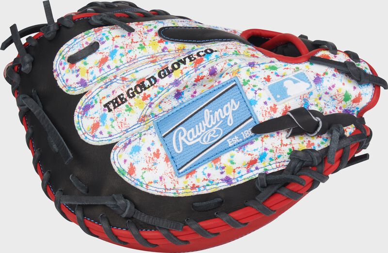 White UV print back of a Heart of the Hide 33.5-Inch Splatter Catcher's Mitt with a Columbia blue Rawlings patch