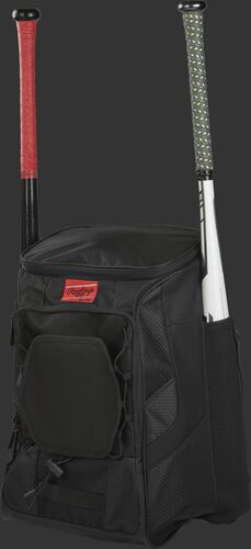 Front left of a black R600 Rawlings players equipment backpack with two bats
