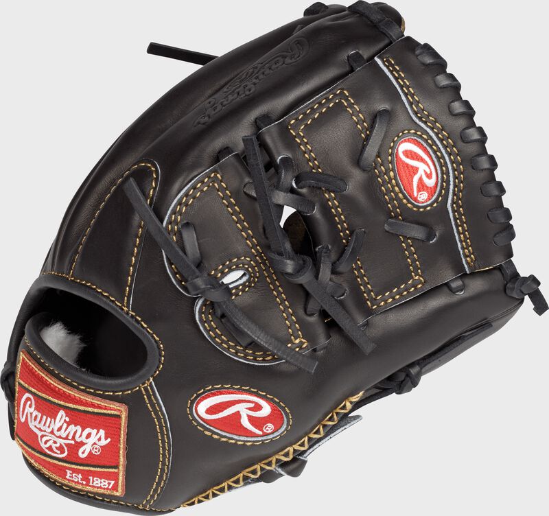 Vertical thumb view of a black RGG1200P Gold Glove 12-inch infield/pitcher's glove with a black two-piece solid web