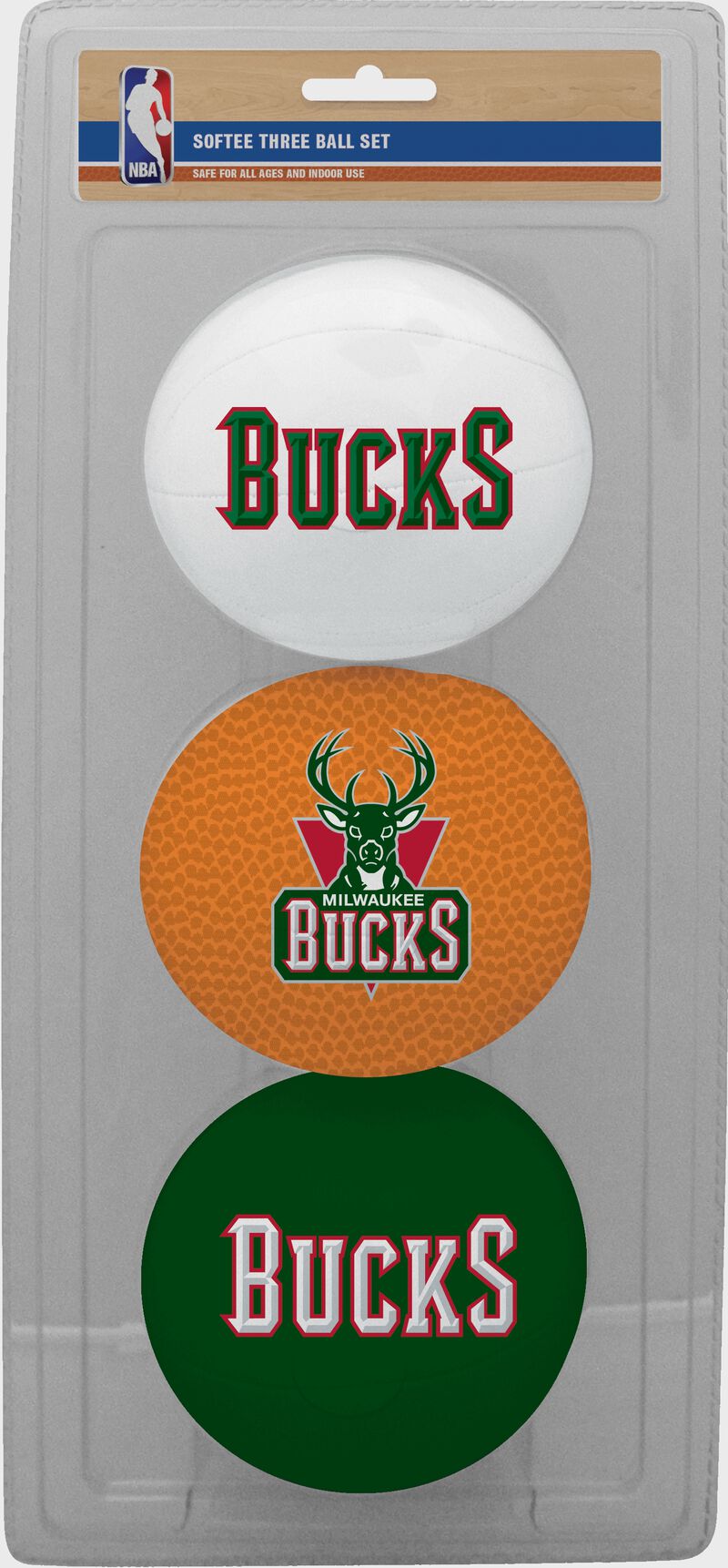 Rawlings White, Brown, and Green NBA Milwaukee Bucks Three-Point Softee Basketball Set With Team Logo SKU #03524202114