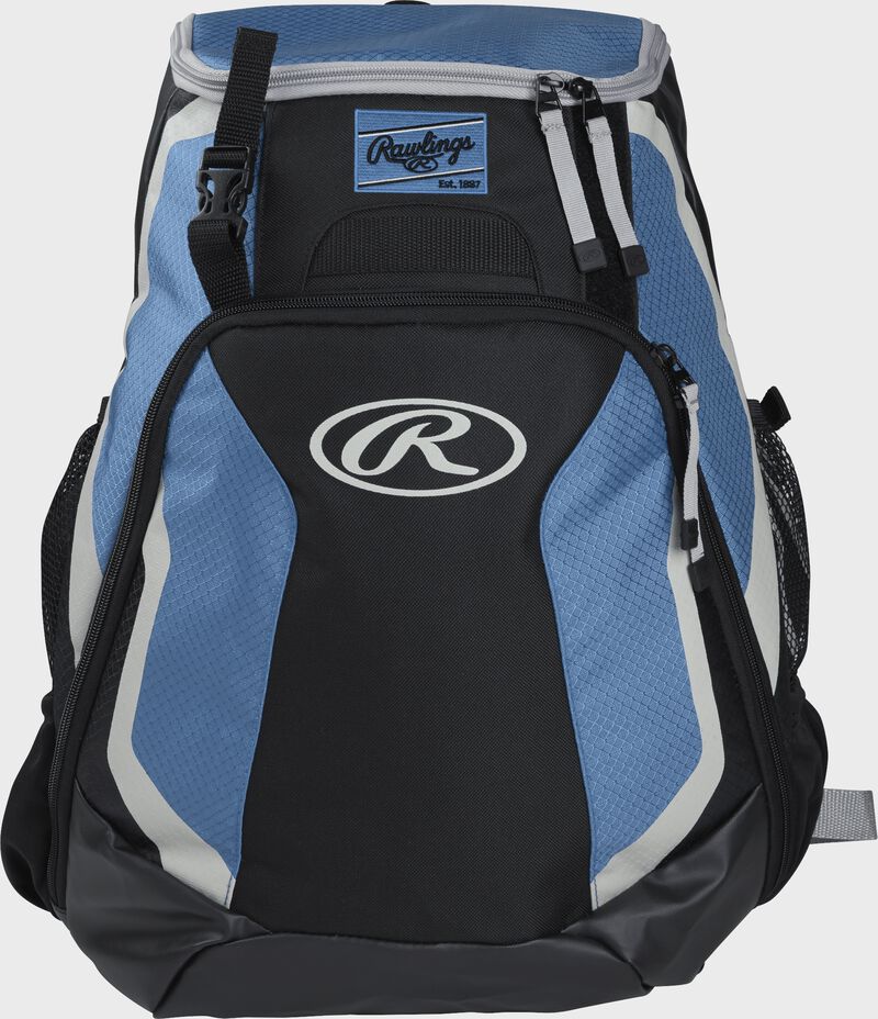 Front of a black/columbia blue R500 Rawlings Players team backpack with a Rawlings patch and white Oval R