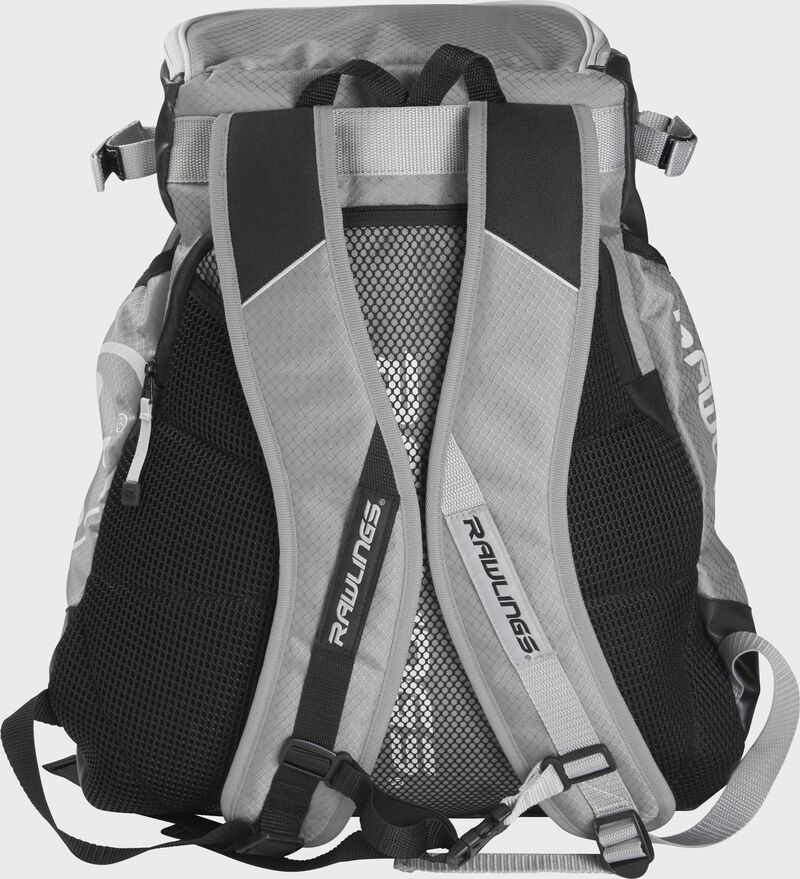 Back of a gray VELOBK Rawlings Velo backpack with gray shoulder straps