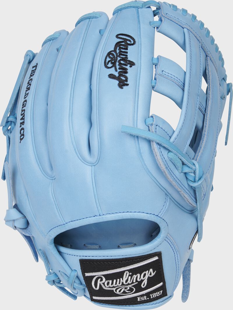 Back of a Columbia blue 12.75" Heart of the Hide R2G H-web outfield glove with a black Rawlings patch - SKU: PROR3319-6CB