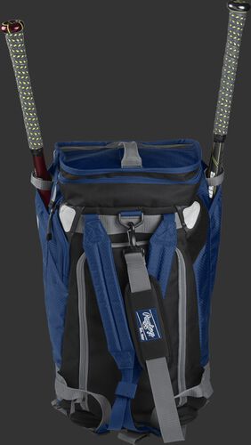 A navy R601 Rawlings Hybrid duffel/backpack standing up with two bats