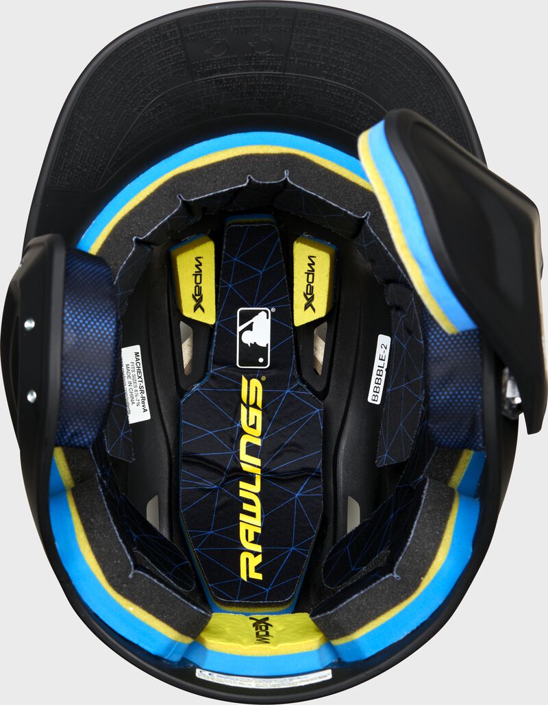 Inside view of Black Rawlings Mach Carbon Batting Helmet - SKU: MAAR