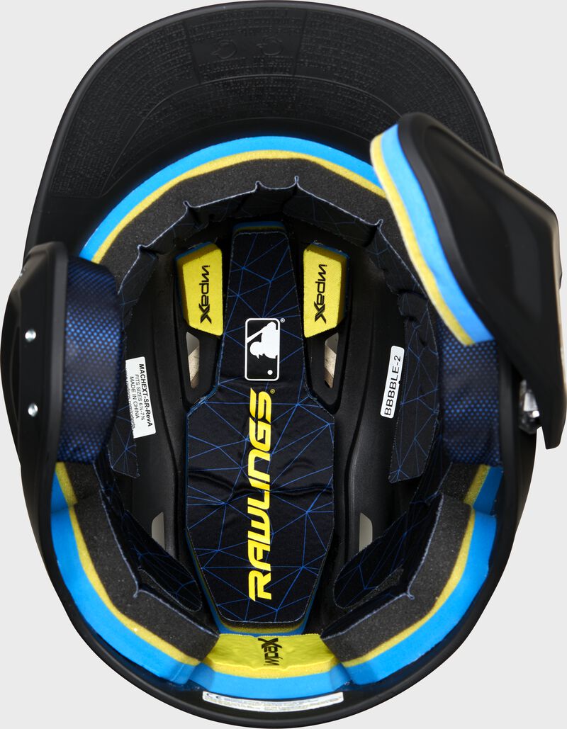 Inside view of Black Rawlings Mach Carbon Batting Helmet - SKU: MAAR loading=