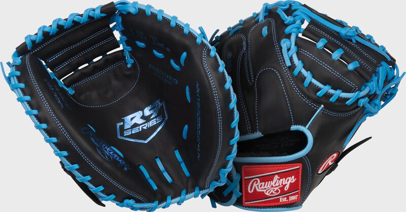 Two images showing the palm & back of a black/Columbia blue R9 Series 32.5-Inch Catcher's Mitt loading=