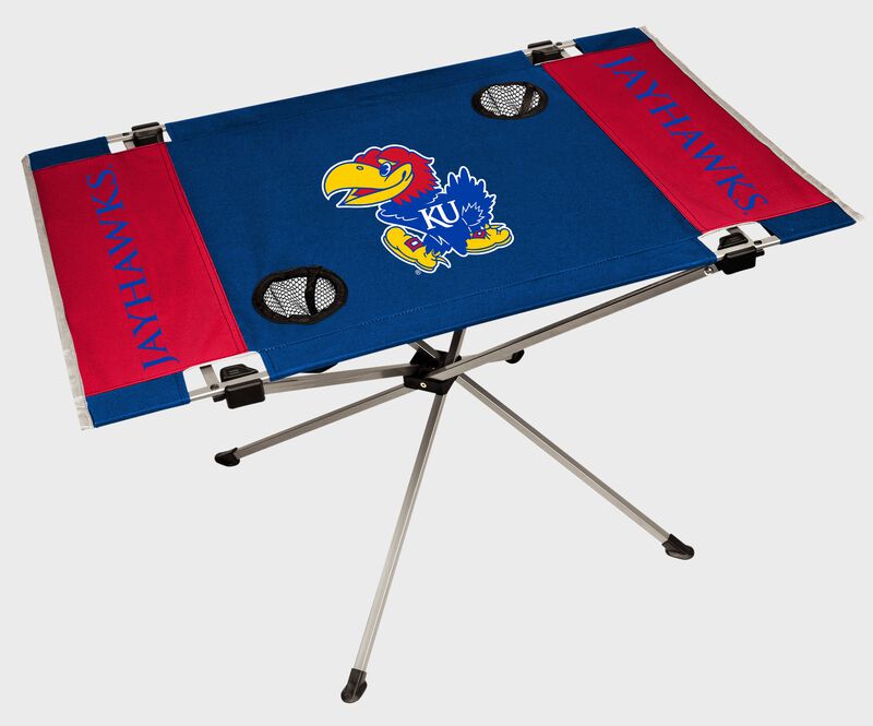 A Kansas Jayhawks endzone table with a large team logo in the middle loading=