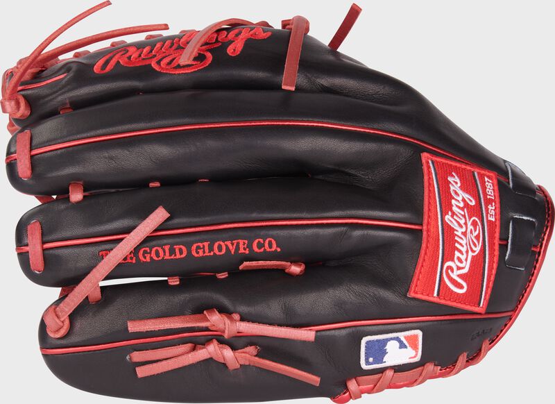 Black back of a Mike Trout Pro Preferred outfield glove with the MLB logo on the pinky - SKU: PROSMT27BS