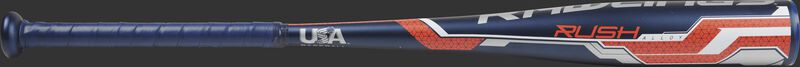 A blue Rawlings Rush USA baseball -8 bat with orange accents - SKU: MEIUSRSN8