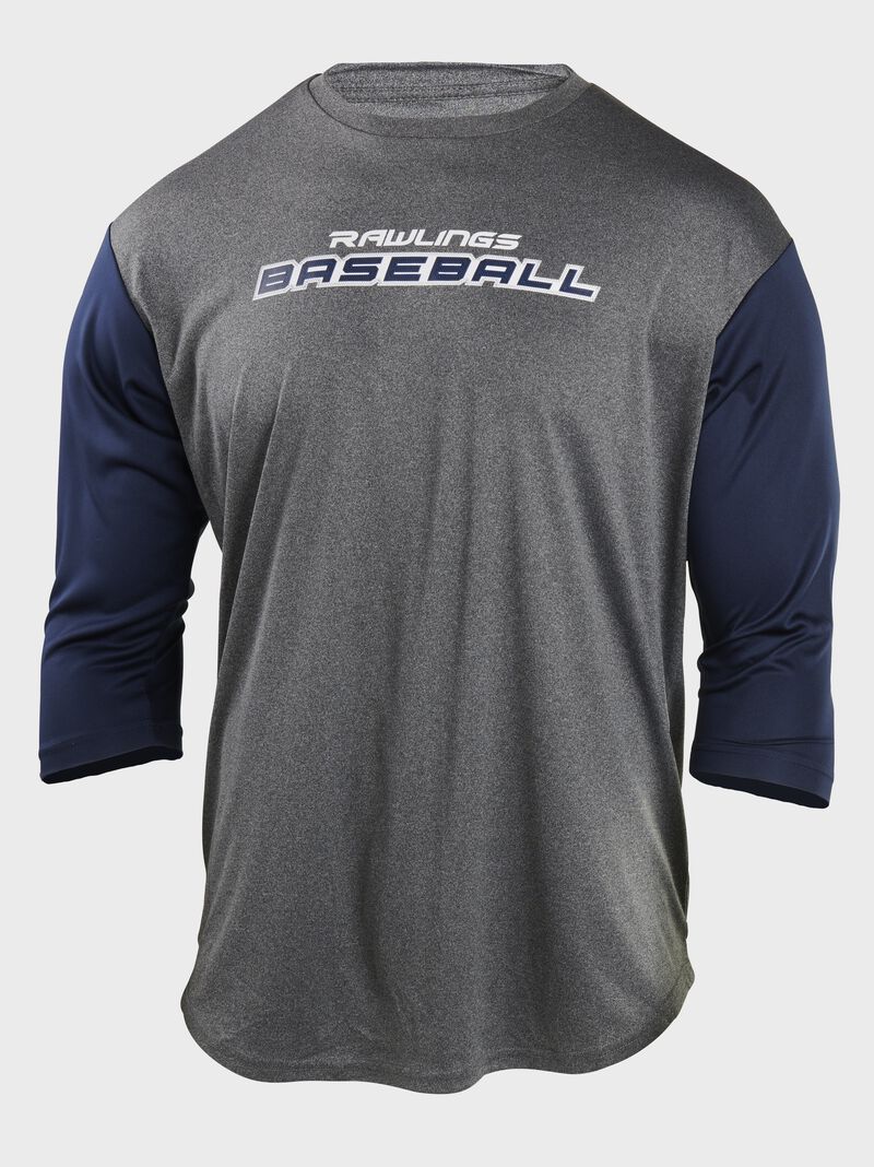 A gray Rawlings Baseball 3/4 sleeve performance shirt with navy sleeves - SKU: ACART34-N