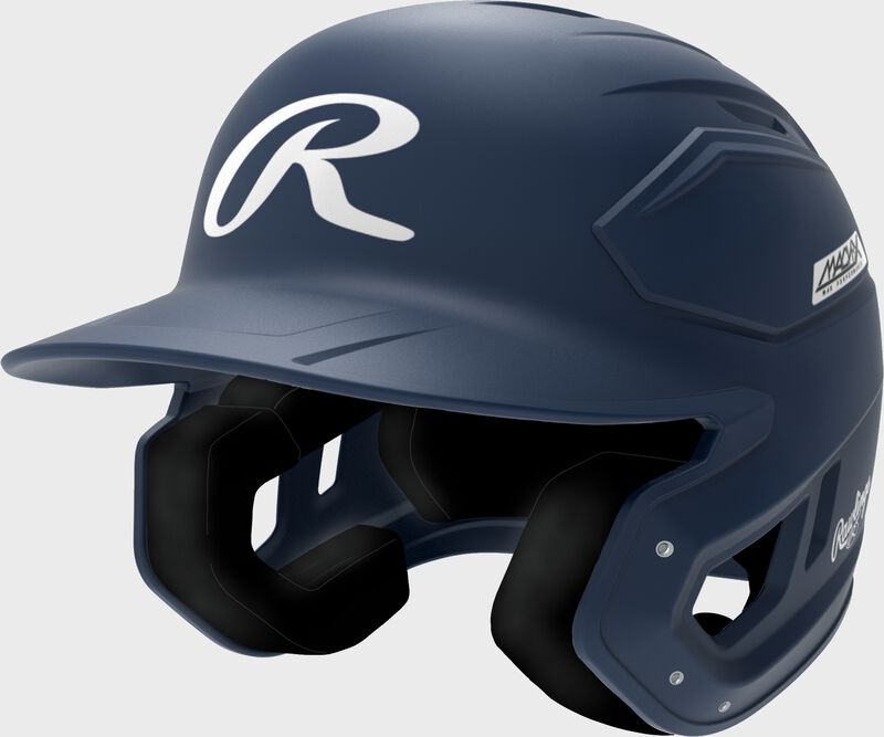 Front left of a navy Rawlings Mach-X Max Performance batting helmet loading=