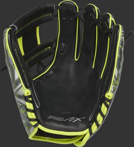Black leather palm of a Rawlings REV1X infield glove with Francisco Lindor's logo stamped in the palm in silver- SKU: REVFL12