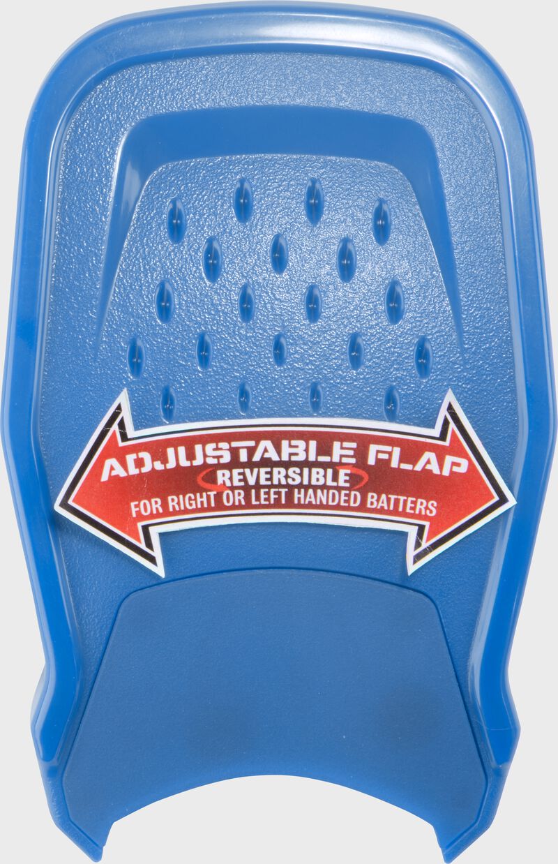 A Columbia blue Rawlings RX2 Reverse adjustable batting helmet extension with a sticker showing the adjustability loading=