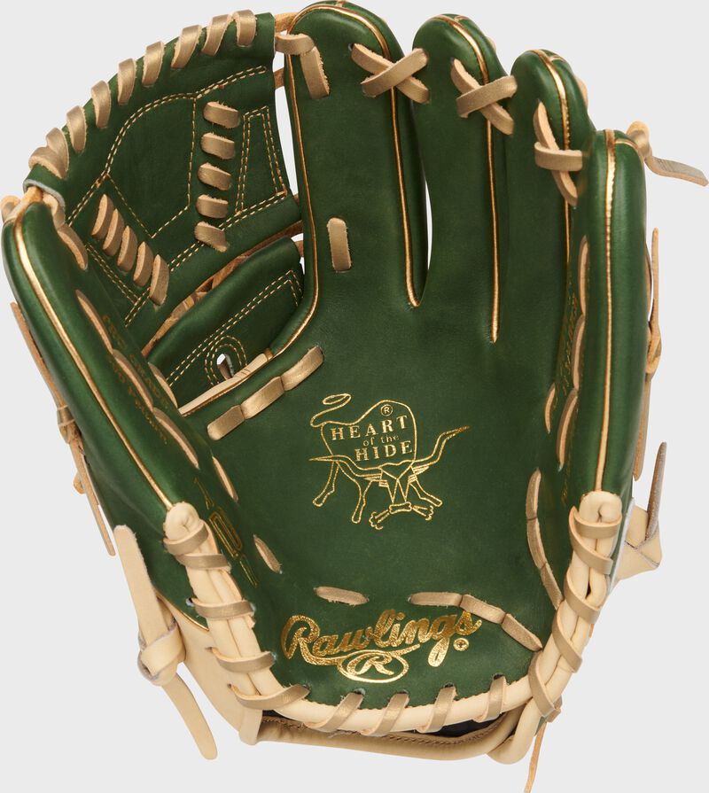 Military green palm of a Rawlings Heart of the Hide R2G infield/pitcher's glove with gold laces - SKU: RPROR205W-30MGC