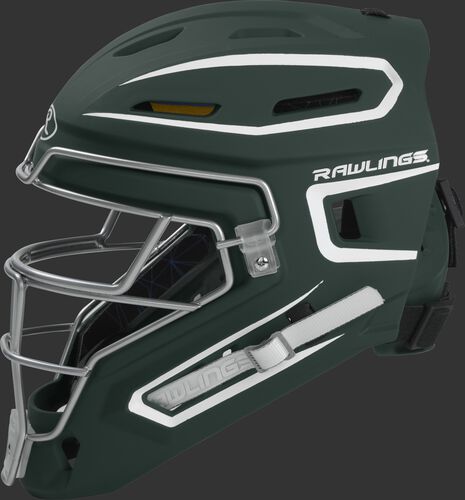 Left side of a dark green CHMCHS Rawlings senior hockey style Mach catcher's helmet