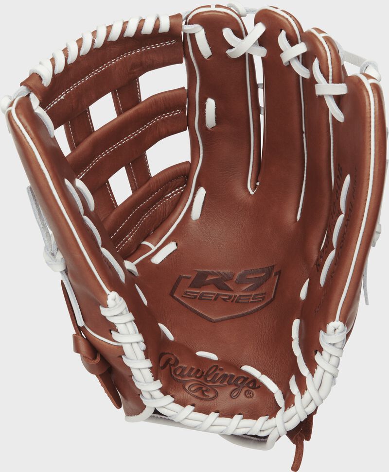 R9SB130-6DB Rawlings 13-inch outfield softball glove with a brown palm and white laces