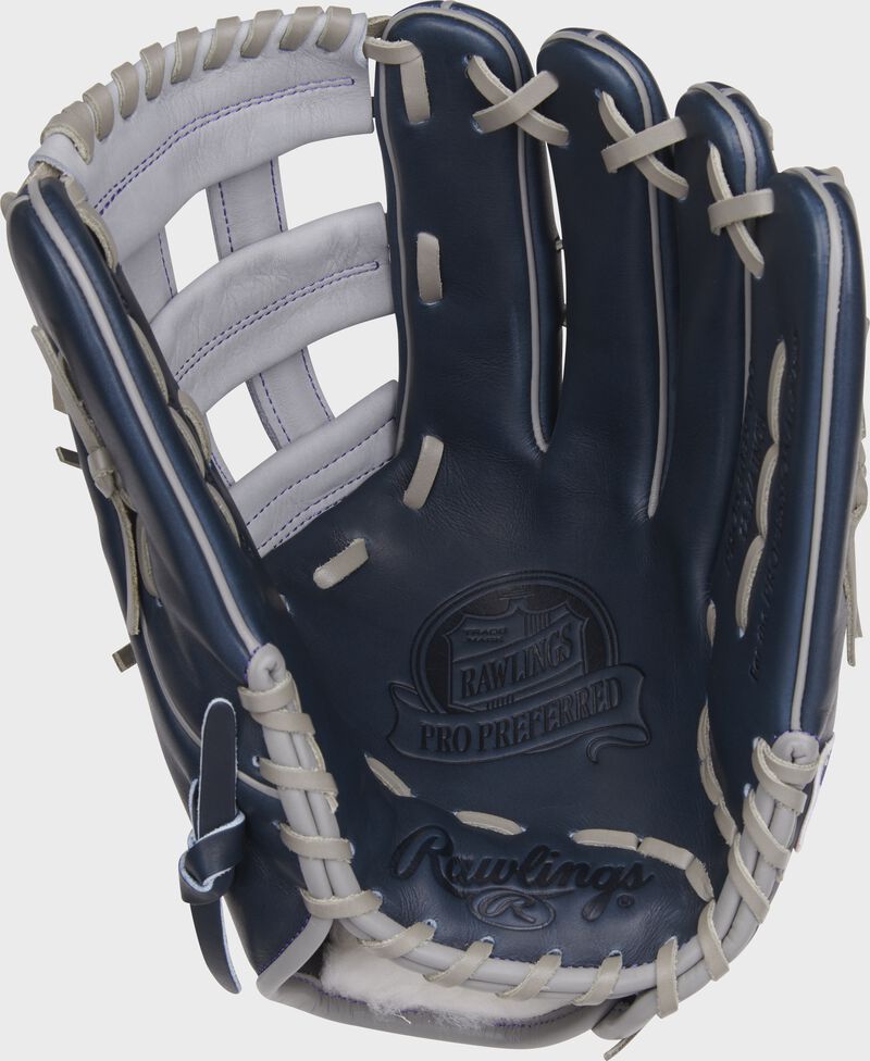 Navy palm of a Rawlings Pro Preferred Aaron Judge glove with gray laces - SKU: PROS3039-6AJ loading=
