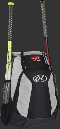 Right side of a black/white R500 Rawlings baseball backpack with a white bat in the bat sleeve