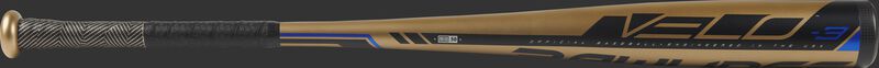 Barrel of the gold BB9V3 2019 Velo College/High School one-piece hybrid bat with black/blue accents
