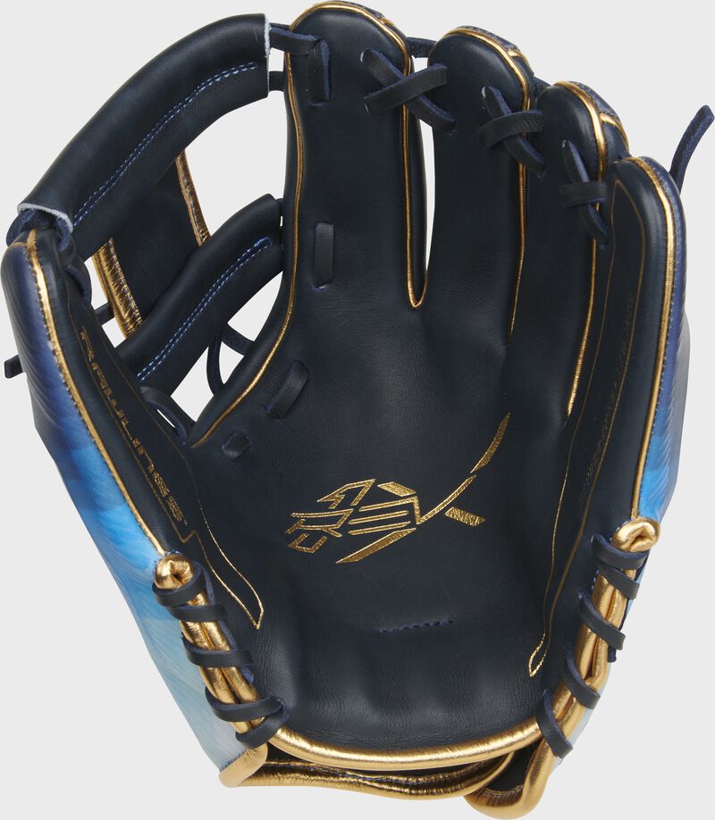 Palm of a navy Rawlings REV1X infield glove with navy laces and gold palm stamping - SKU: REV204-2XNG