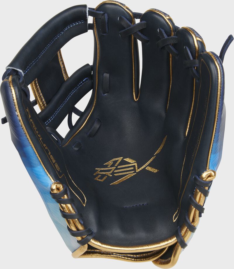 Palm of a navy Rawlings REV1X infield glove with navy laces and gold palm stamping - SKU: REV204-2XNG loading=