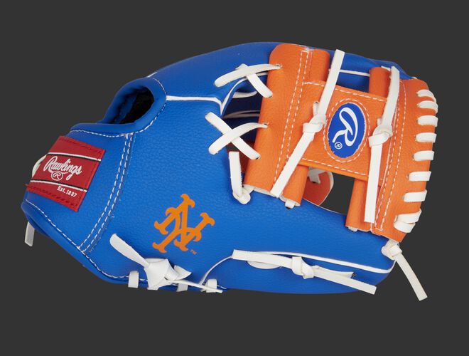 Thumb of a blue/orange New York Mets 10-Inch team logo glove with an orange I-web and "NY" logo on the thumb - SKU: 22000017111