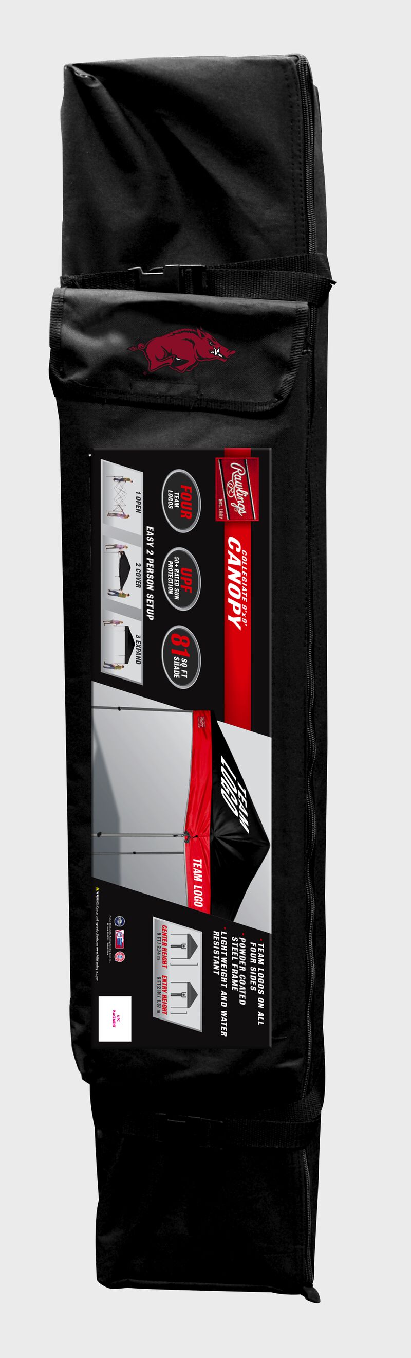 Black carry case for an Arkansas Razorbacks canopy