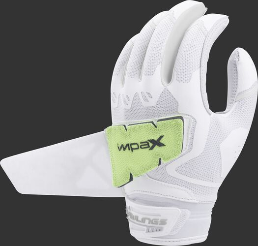 A white FPWPBG-W women's Rawlings Workhorse batting glove with the Impax pad attached to the back