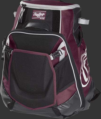 Front left of a maroon VELOBK Rawlings Velo equipment backpack with an Oval R logo on the side compartment