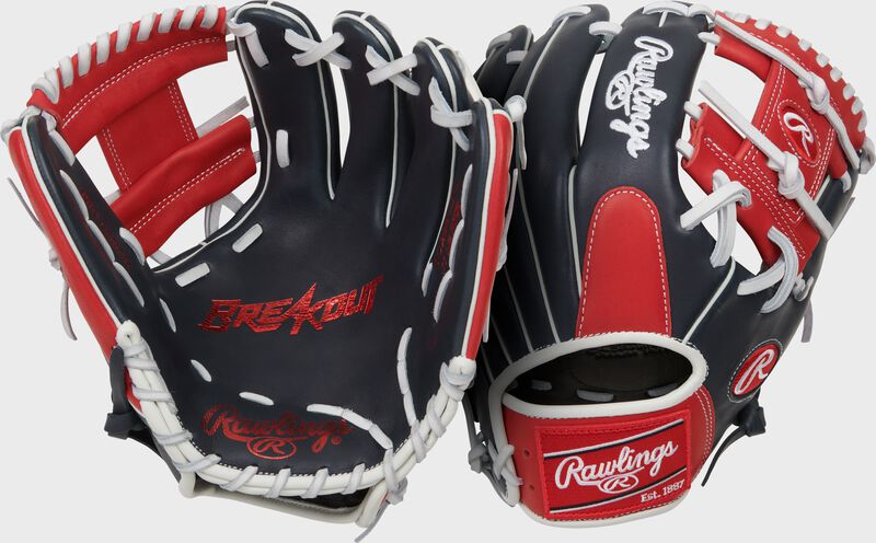 Two images showing the palm & back of a navy/scarlet Breakout 11.5" infield glove