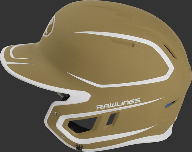 MACH Junior Rawlings batting helmet with a two-tone matte vegas gold/white shell
