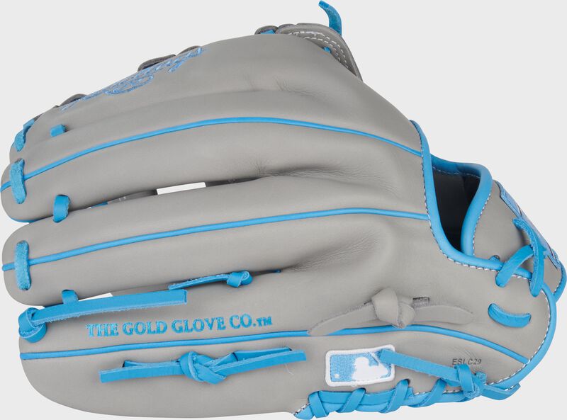 Back of a gray Rawlings NXT Series 12.25-Inch Baseball Glove with the MLB logo on the pinky loading=