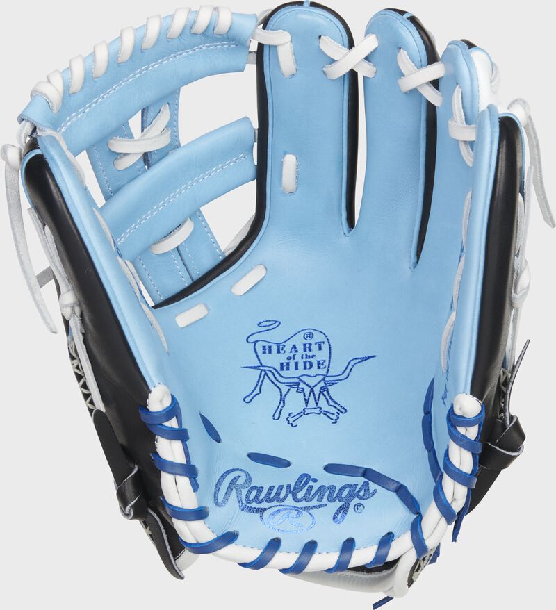 Columbia blue palm of a Rawlings HOH ColorSync 6.0 infield glove with white laces and royal palm stamp - SKU: PRO205-32CB