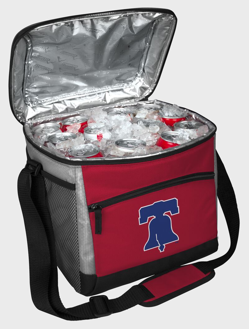 An open Philadelphia Phillies 24 can cooler with ice and drinks