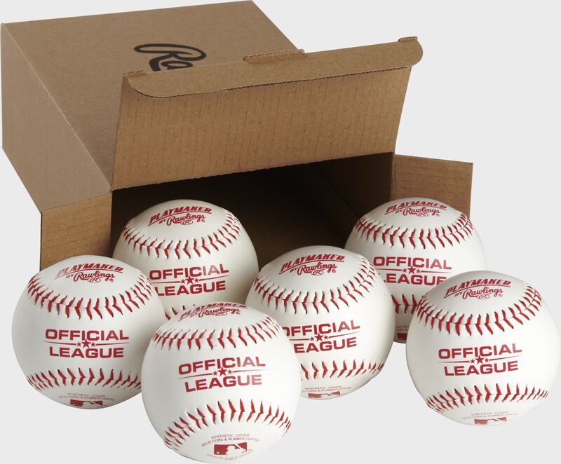 6 Rawlings Playmaker balls in front of an open box - SKU: PMBBPK6