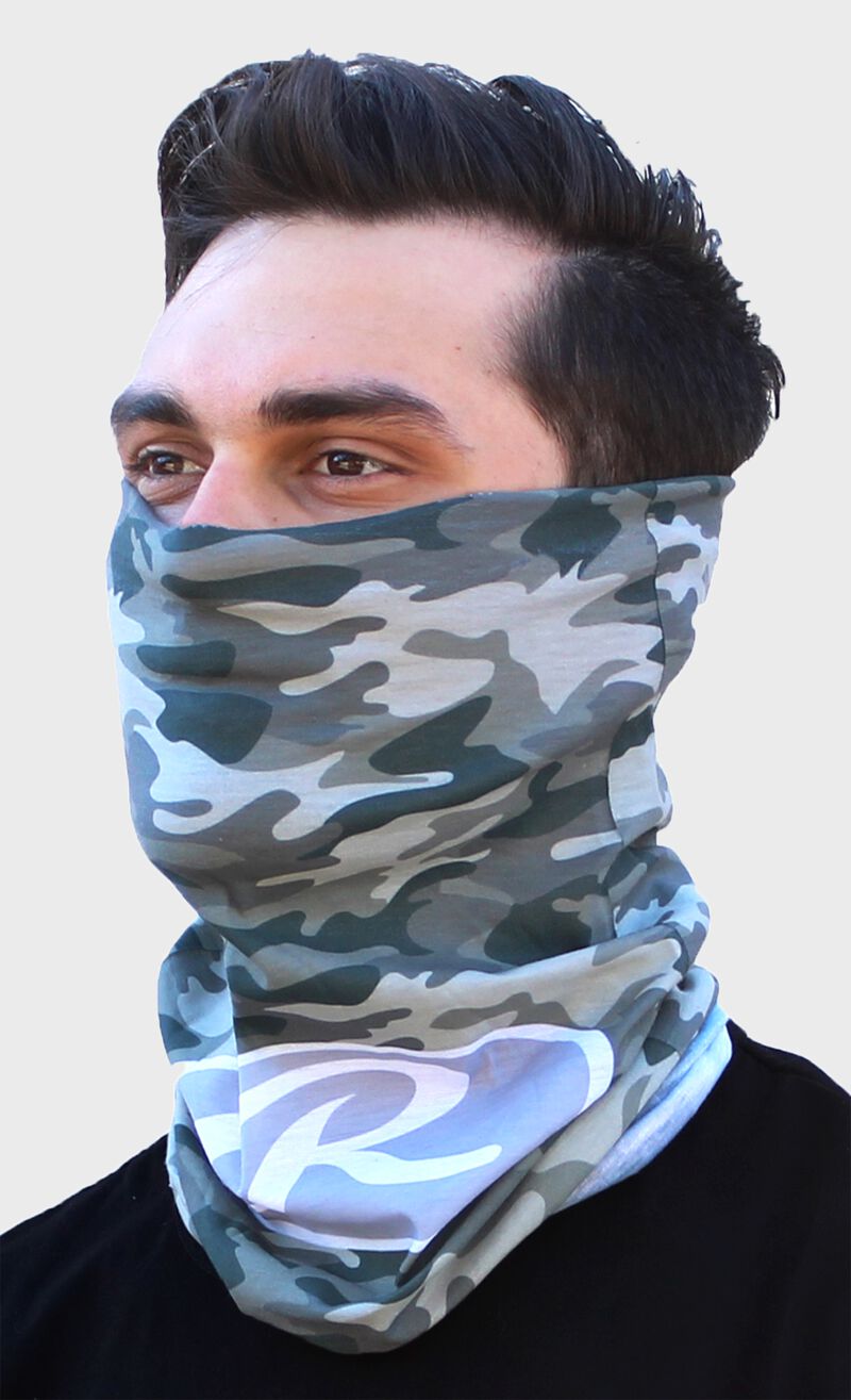 Front left-side view of Rawlings Adult Multi-Functional Head and Face Gear, Camo on face - SKU: RC40004-500