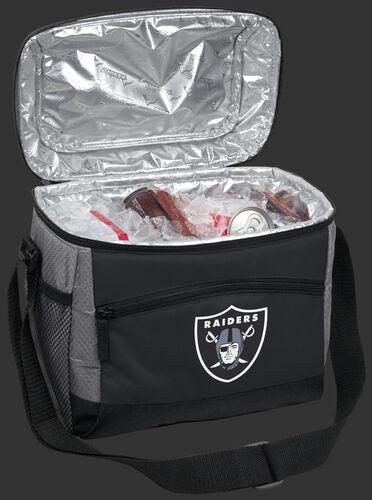 An open Las Vegas Raiders 12 can cooler filled with ice and drinks - SKU: 10111072111