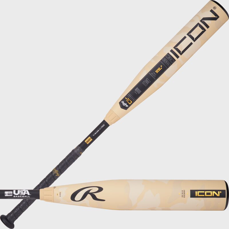 Two Images of a 2025 Rawlings Icon USA Baseball -10 bat showing both sides of the barrel