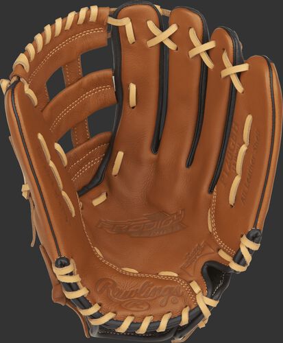 P120GBH Rawlings 12-inch Prodigy youth baseball glove with a golden brown palm, camel laces and a Sure Catch design